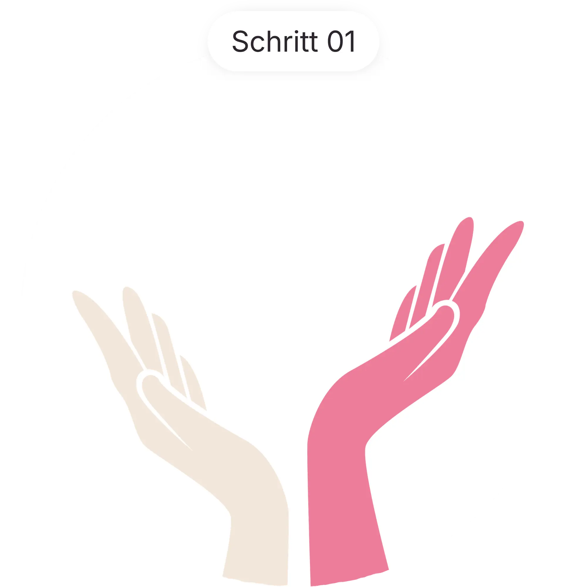 Illustration zweier geöffneter Hände in Rosa und Beige, darüber der Schriftzug Schritt 01