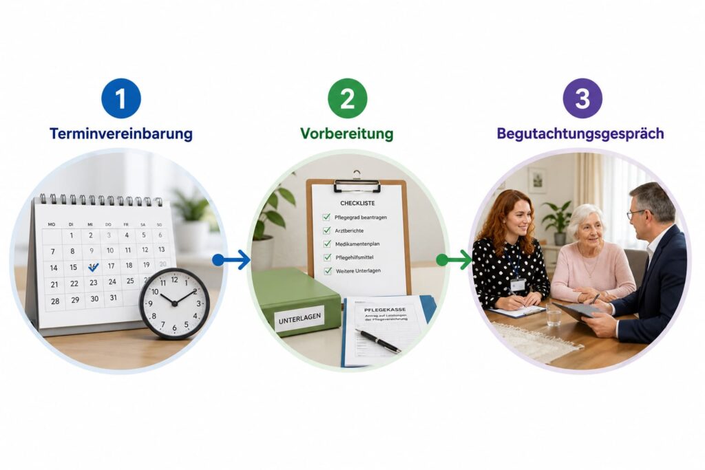 Infografik zum Ablauf der Pflegegrad-Begutachtung mit Terminvereinbarung, Vorbereitung und Begutachtungsgespräch.