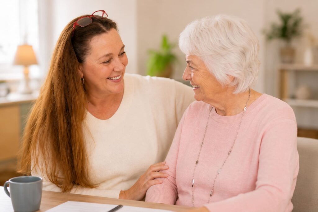 Angehörige im Gespräch mit einer Seniorin zur Pflegeberatung und Unterstützung bei der Beantragung eines Pflegegrads.