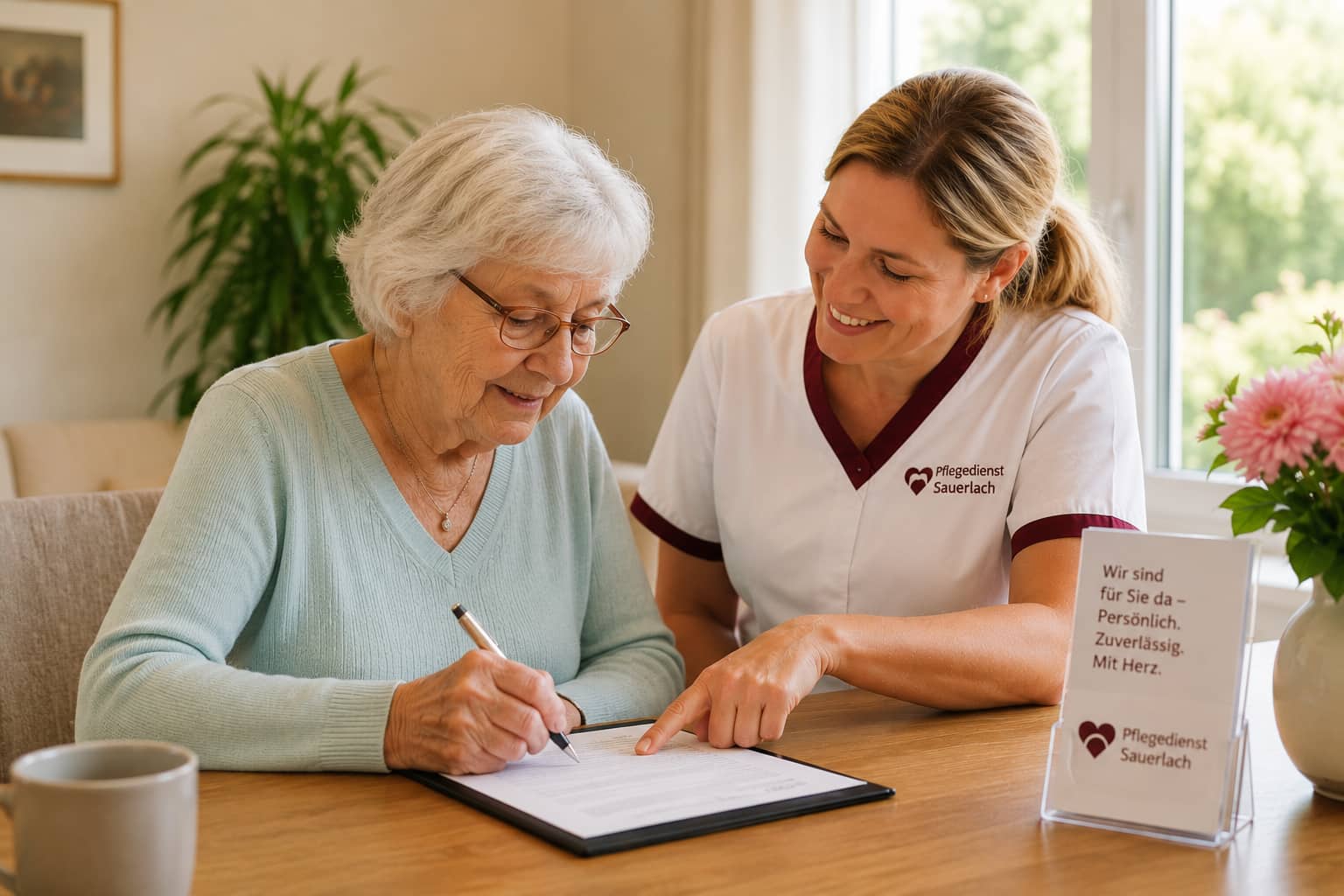Pflegekraft des Pflegedienstes Sauerlach unterstützt eine Seniorin beim Ausfüllen des Pflegegrad-Antrags zu Hause.