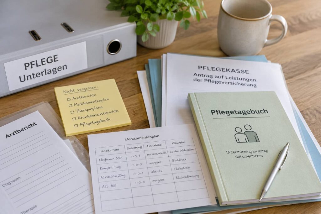 Unterlagen für den Pflegegrad-Antrag mit Pflegetagebuch, Arztberichten, Medikamentenplan und Antragsformular der Pflegekasse.