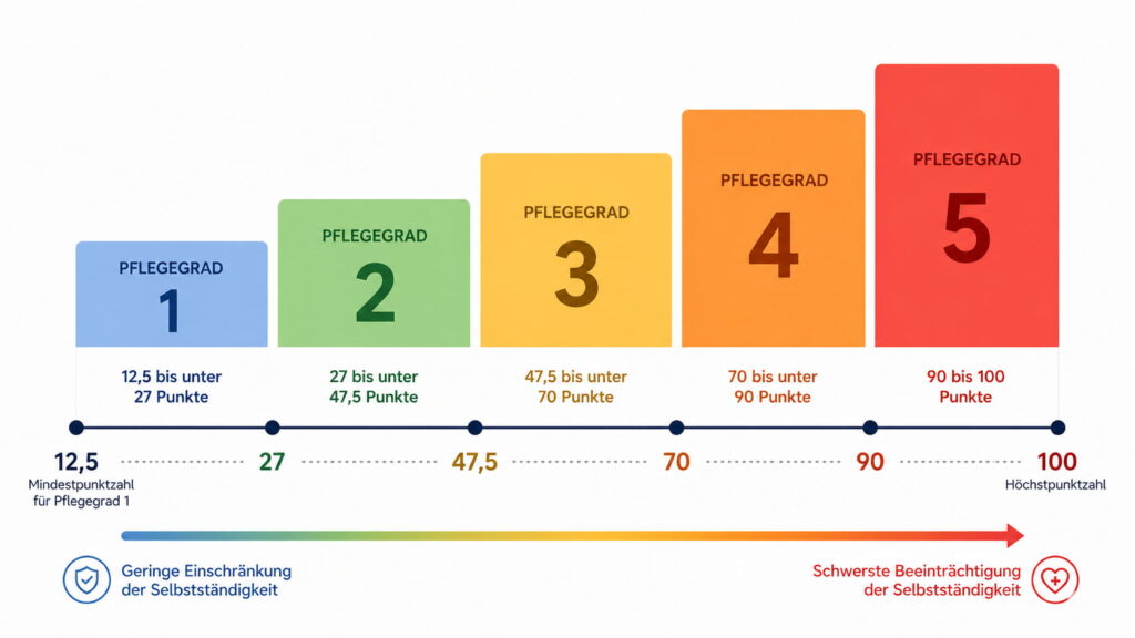 Infografik zur Übersicht der Pflegegrade 1 bis 5 mit den jeweiligen Punktbereichen und dem Grad der Einschränkung der Selbstständigkeit.