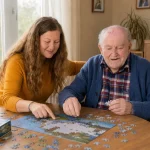 pfleger und senior beim puzzeln